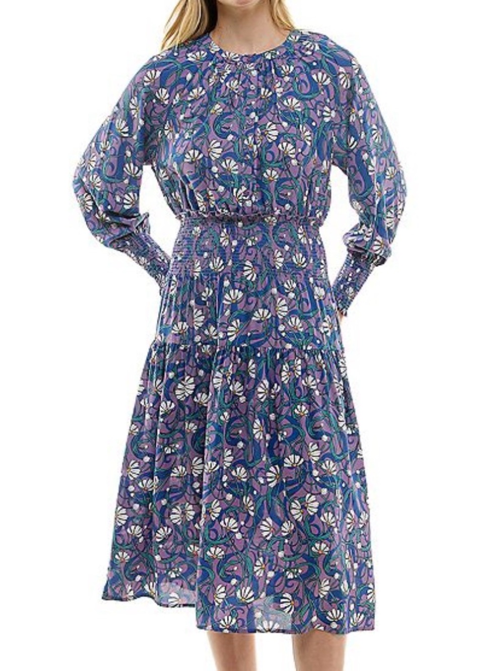 Floral Smocked Waist Midi Dress in Purple